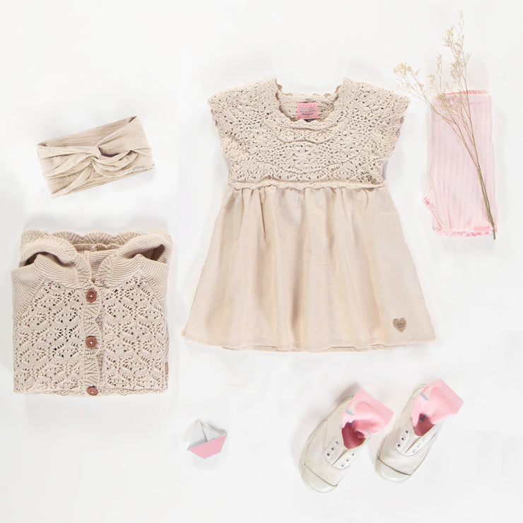 Robe en lin à manches courtes crème avec crochet, bébé || Cream short sleeves linen dress with crochet, baby