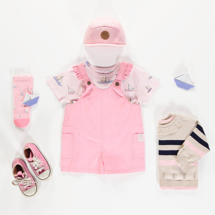 Salopette courte rose avec bretelles à volants en coton, bébé || Short pink overall with ruffled straps in cotton, baby