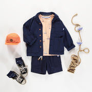 Surchemise marine en mélange lin et coton, enfant || Navy overshirt in linen and cotton blend, child