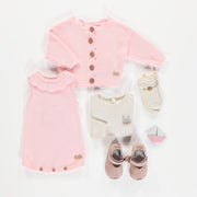 Veste de maille côtelée manches longues rose, naissance || Ribbed knit vest long sleeves pink, newborn