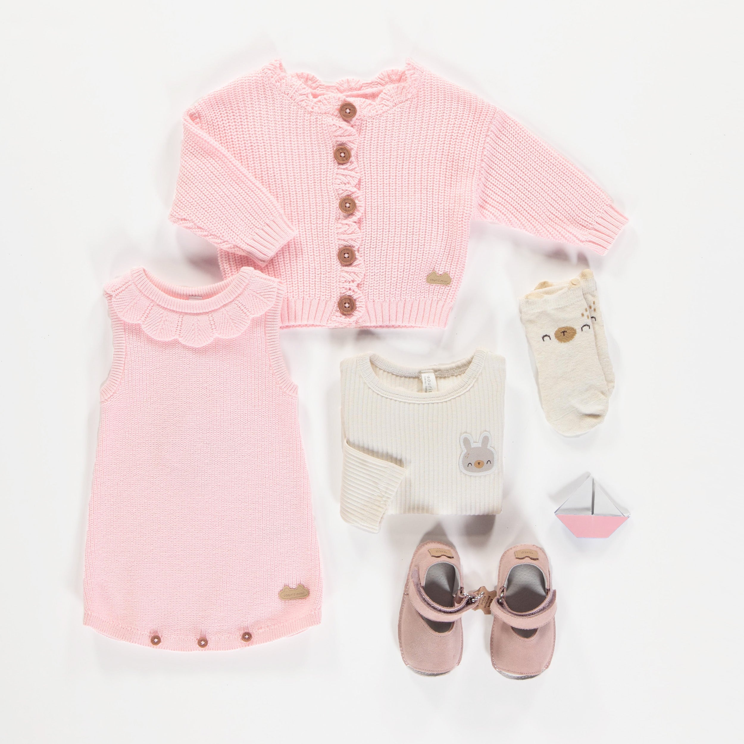 Ribbed knit one piece with wide straps and pink crochet collar, newborn