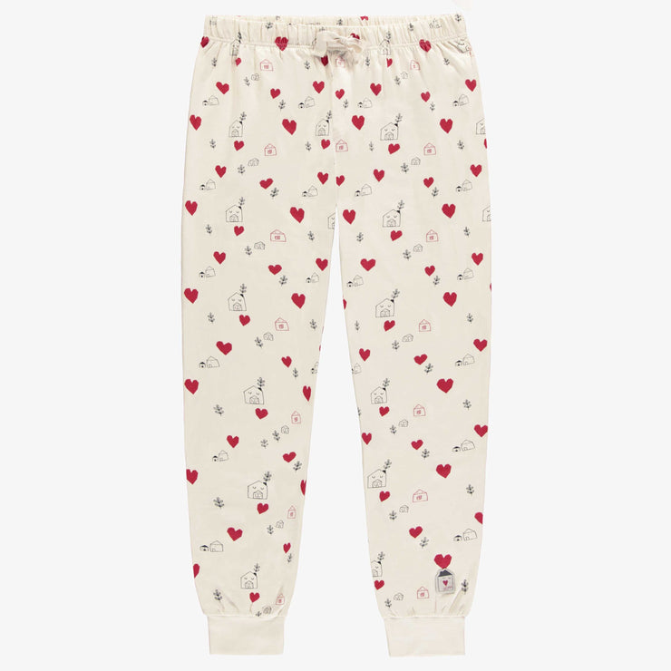Pantalon de pyjama crème avec motif de petits cœurs rouges, adulte || Cream pajama pants with red hearts print, adult