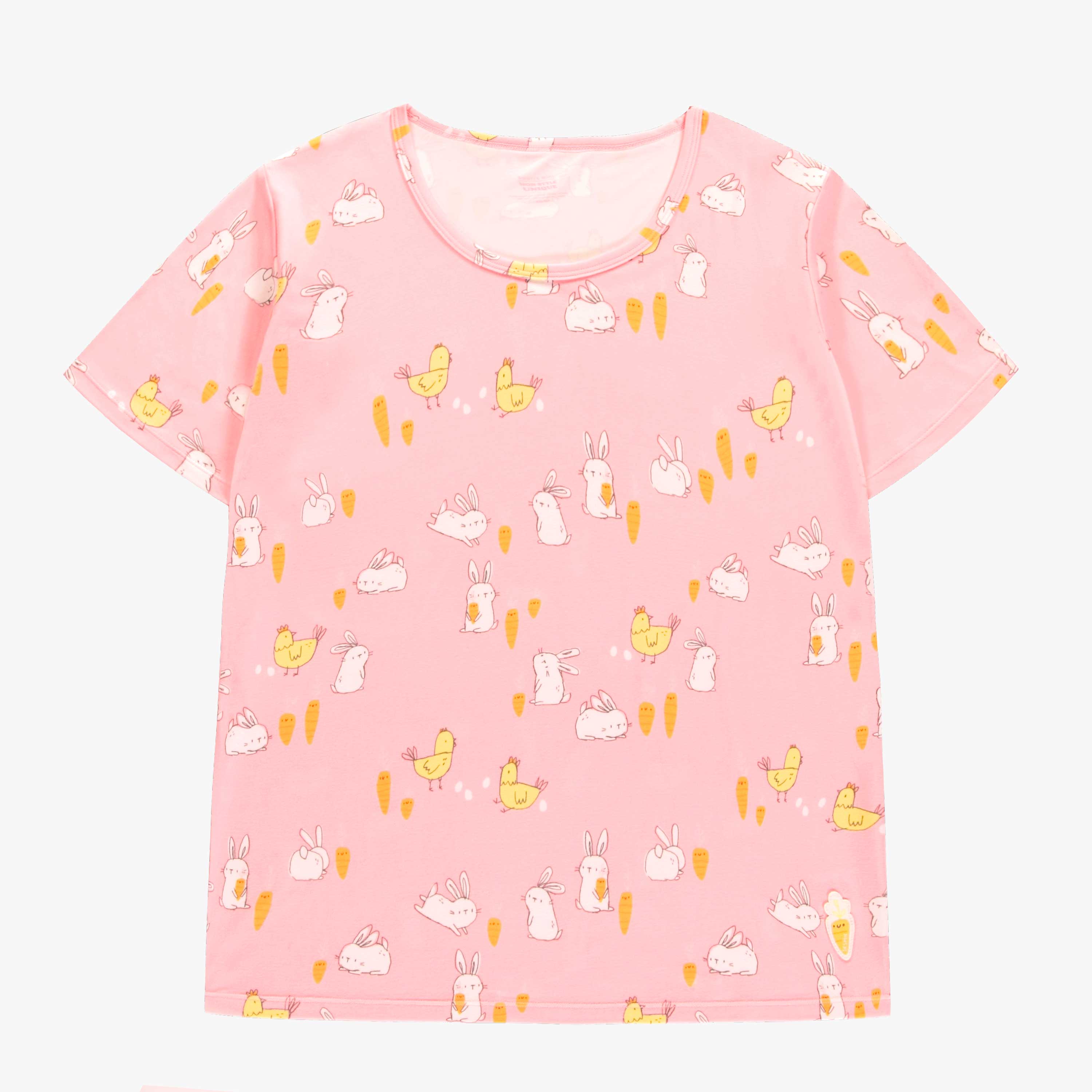 Pink pajama top with bunnies and chickens print, adult
