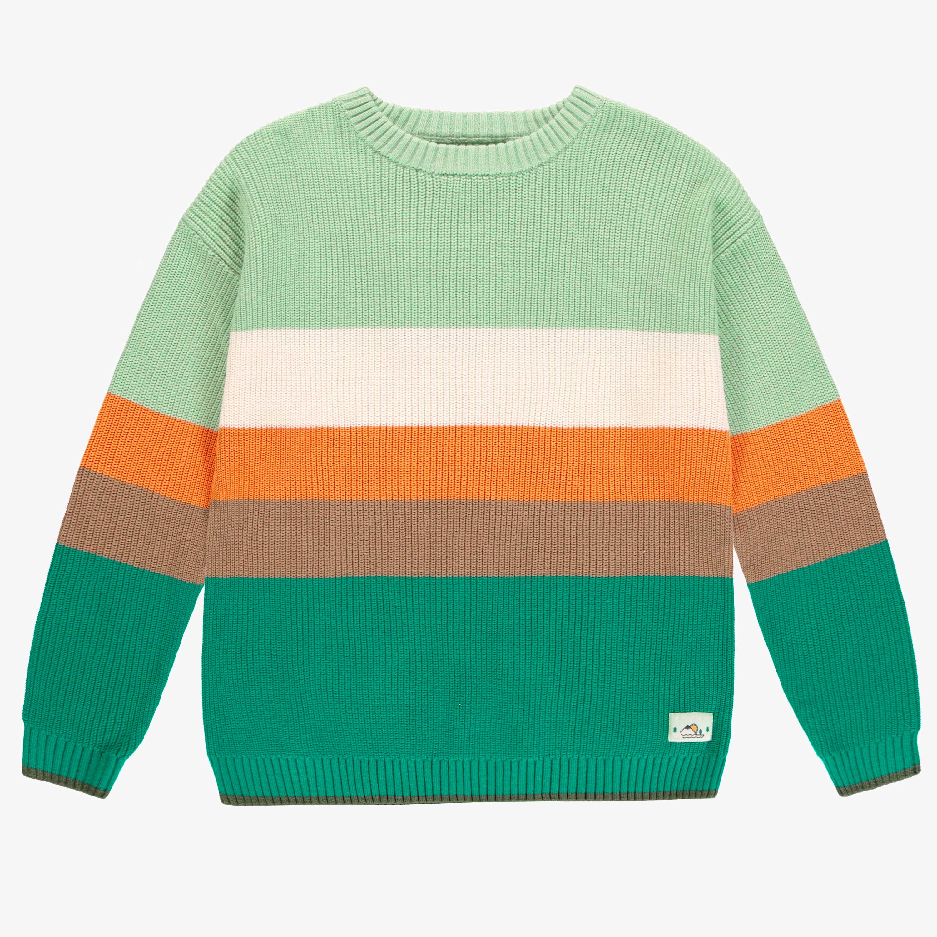 Chandail de maille côtelée manches longues vert, crème et orange, adulte