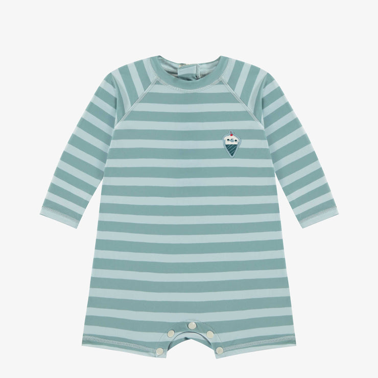 Maillot de bain une-pièce à manches longues bleu à rayures, bébé || Long sleeved one-piece swimwear blue with stripes, baby