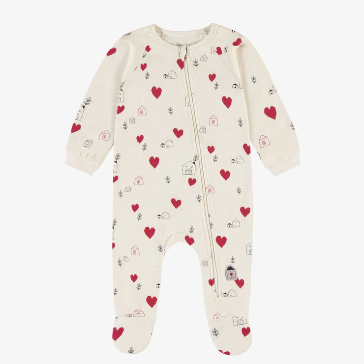 Pyjama une-pièce crème à motif de petits cœurs rouges, bébé || Cream one-piece pajama with little red hearts print, baby
