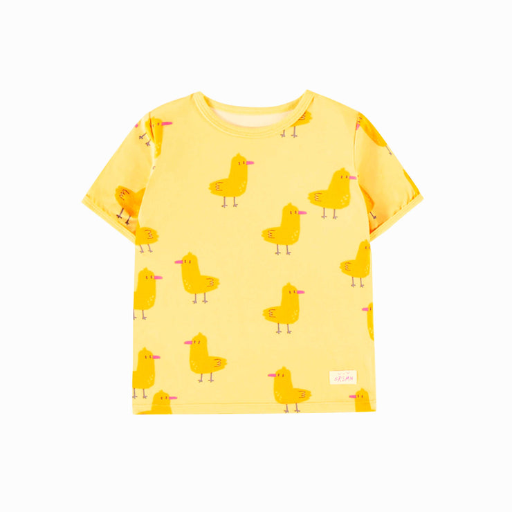 Pyjama deux pièces jaune en jersey extensible à motif de canards, bébé || Yellow two pieces pyjamas in strech jersey with duck all over print, baby