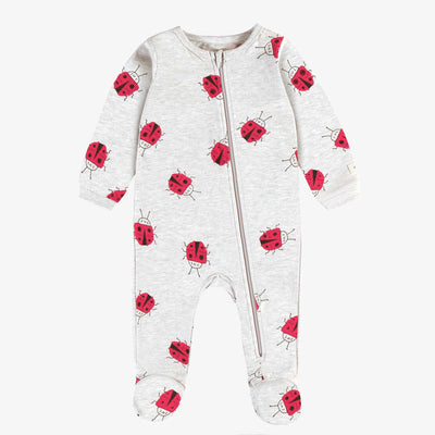 Pyjama une pièce gris chiné en jersey de coton à motifs de coccinelles, bébé || Grey cotton jersey one-piece pyjamas with ladybug all over print, baby