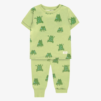 Pyjama deux pièces vert en jersey doux à motifs de grenouilles, bébé || Green soft jersey two piece pajamas with frog all-over print, bébé