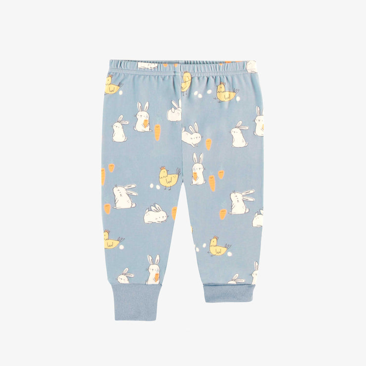 Pyjama deux--pièces bleu et crème à motif de poules et de lapins, bébé || Cream and bleu two-pieces pajama with bunnies and chickens print, baby