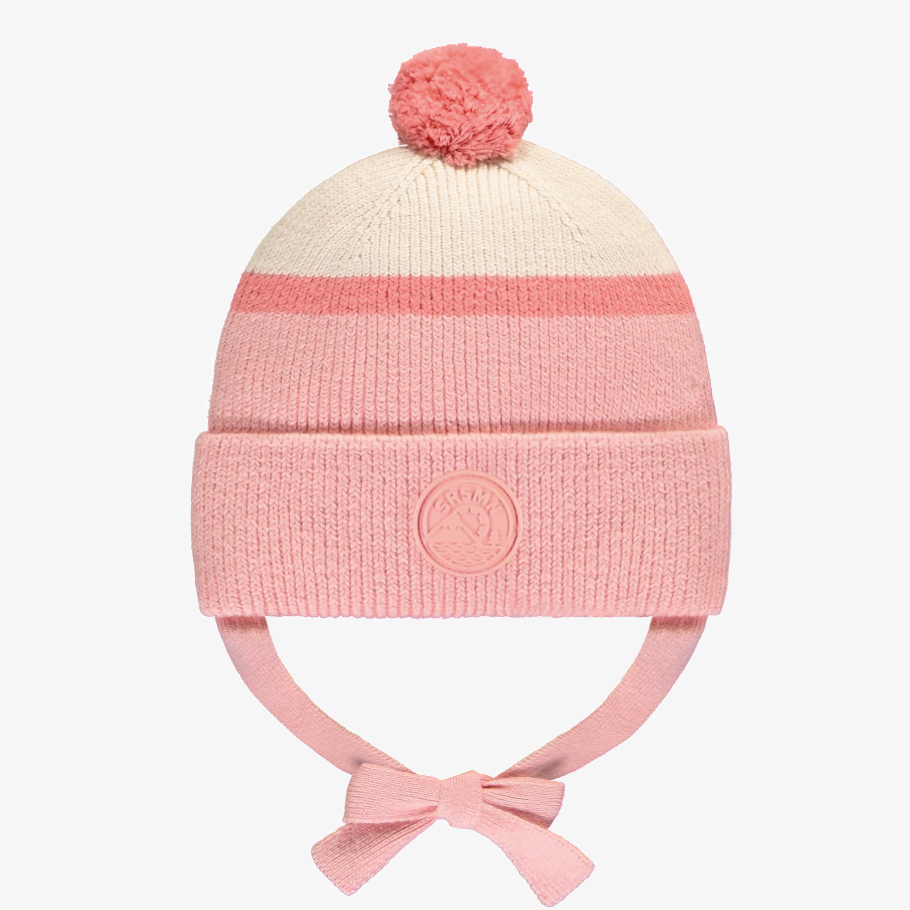 Tuque de maille rose et crème rayé avec pompon, bébé