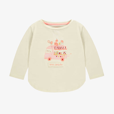 T-shirt manches longues crème à motif en coton extensible, bébé || Pink pattern long sleeved t-shirt in stretch cotton, baby