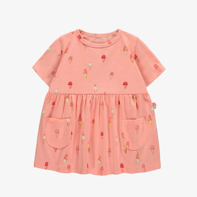 Robe manches courtes rose avec motif de crèmes glacées en coton, bébé || Pink short sleeves dress with ice cream print in cotton, baby