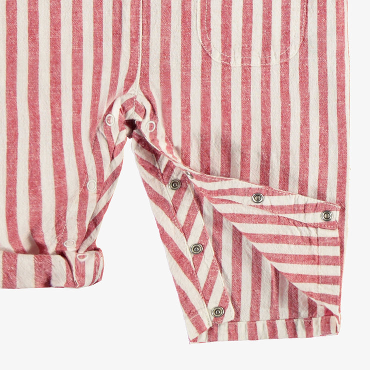 Salopette rouge et crème à rayures en coton et lin, bébé || Red and cream striped overall in cotton and linen, baby