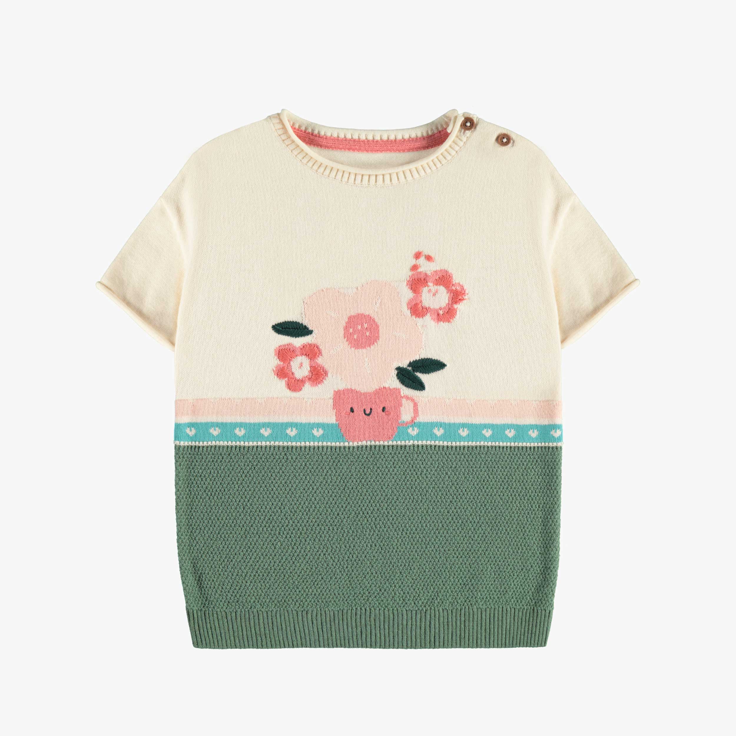 Robe de maille à manches courtes vert, crème et corail motif jacquard floral, bébé