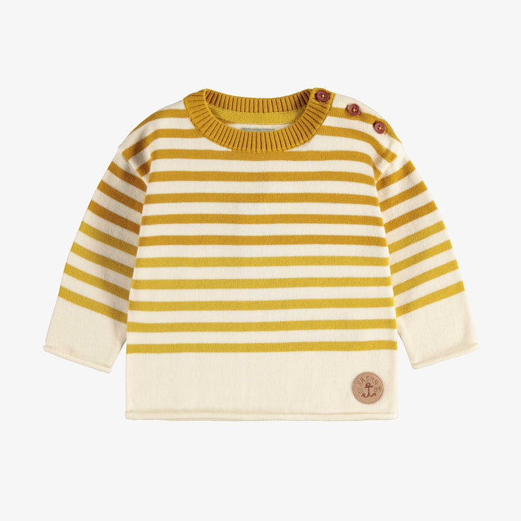 Chandail de maille à manches longues et rayures crème, jaune et ocre, bébé || Cream, yellow and ochre striped long sleeves knitted sweater, baby