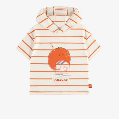 T-shirt à capuchon et manches courtes blanc et orange rayé avec illustration, bébé || White and orange stripes short sleeves hooded t-shirt with print, baby
