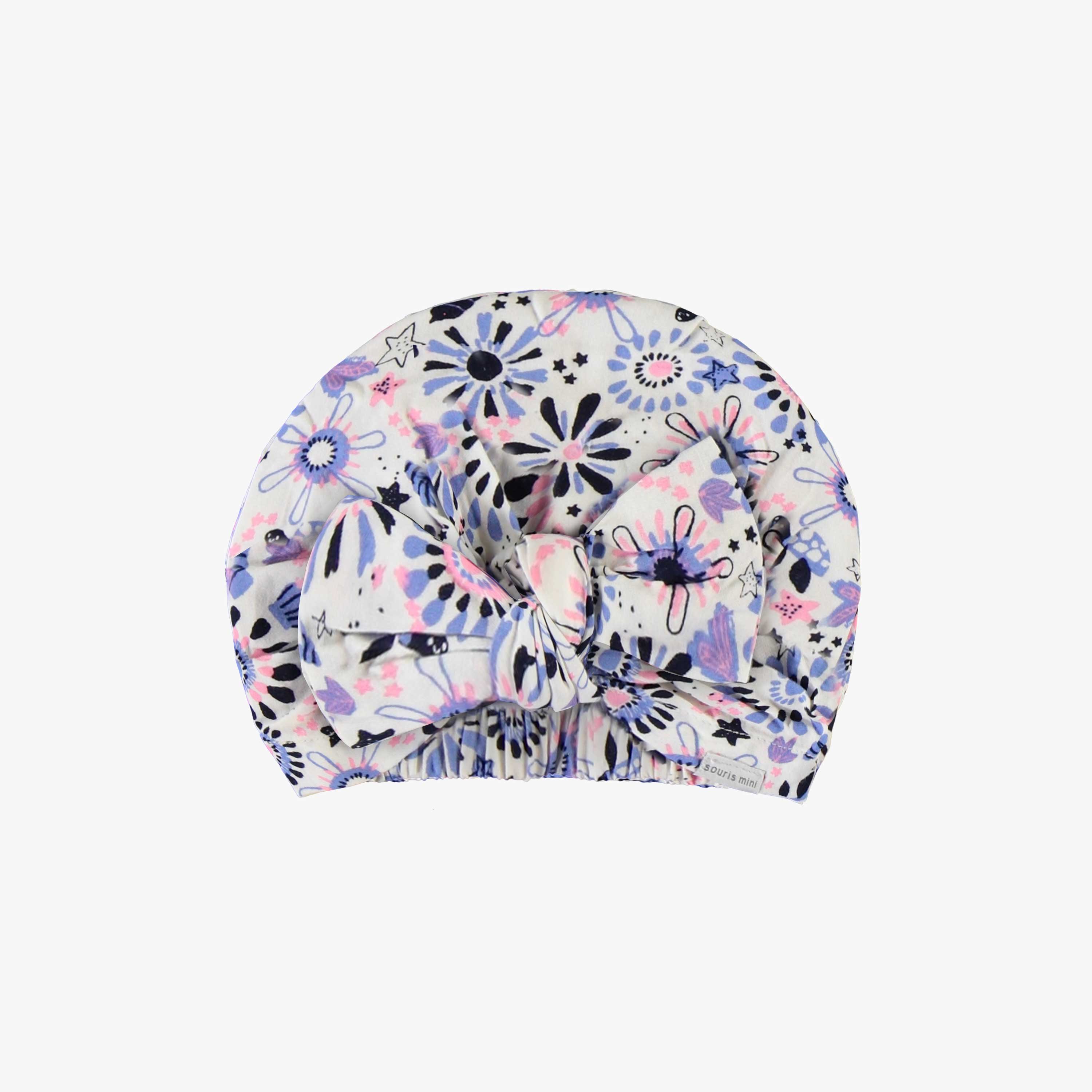Chapeau blanc avec torsade à motifs de fleurs de couleur mauve et rose, bébé