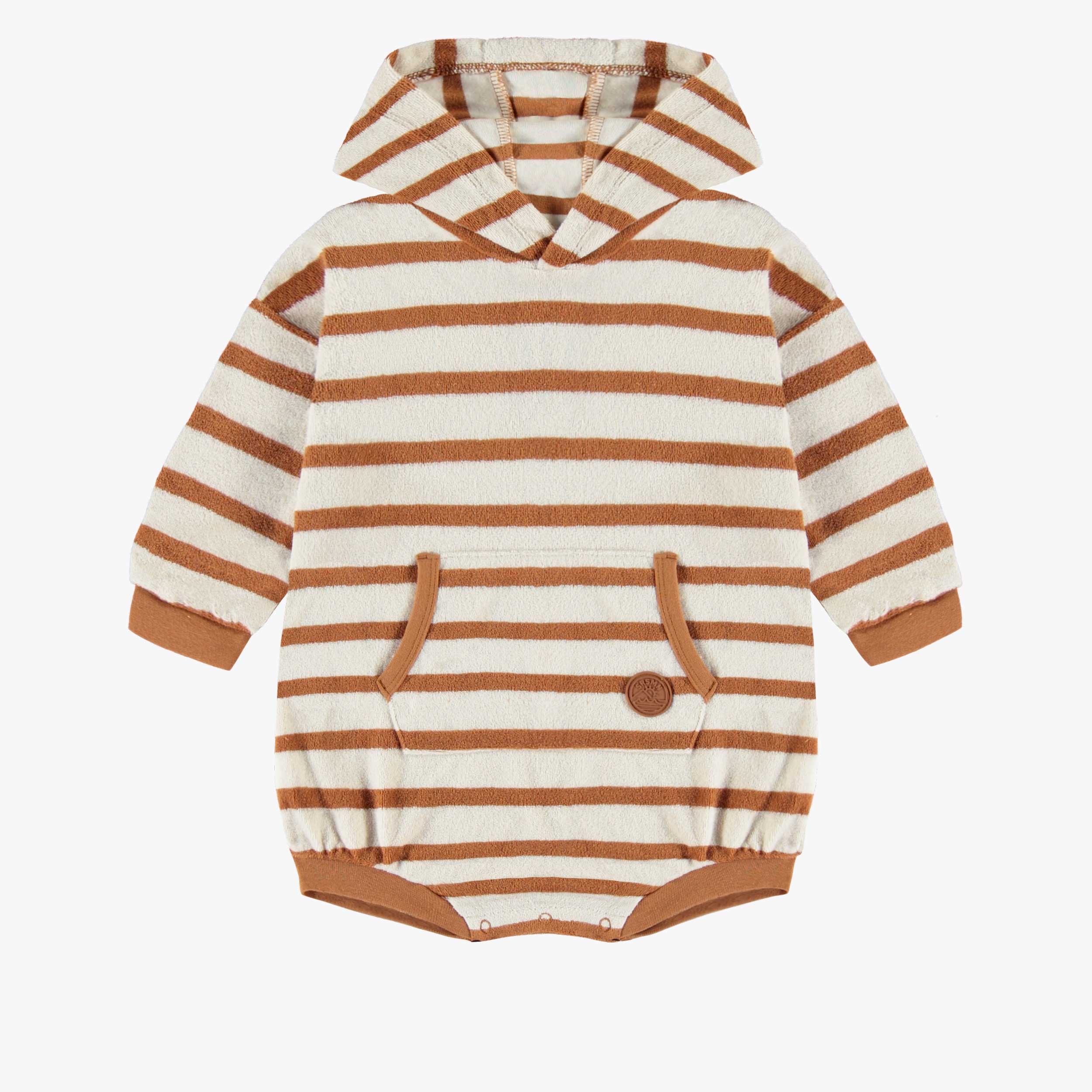 Une-pièce rayée caramel et brun à capuchon en ratine, bébé
