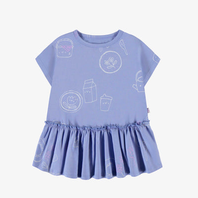 Robe bleue lavande à motifs en coton extensible, bébé || Lavender blue patterned dress in stretch cotton, baby