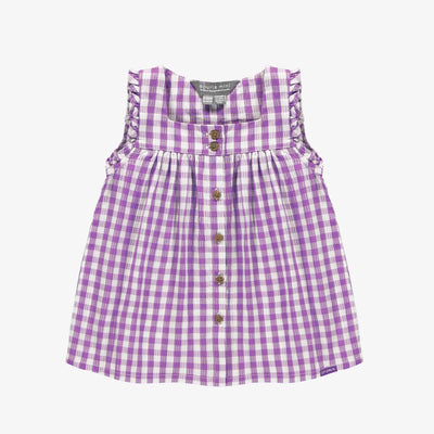 Robe à bretelles larges mauve et blanche à carreaux en seersucker, bébé || Purple and white checkered dress with large straps in seersucker, baby