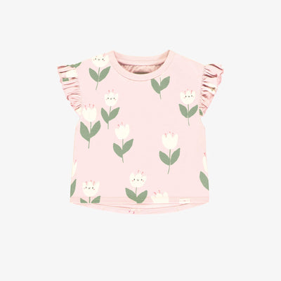 T-shirt ample rose à motifs de jolies tulipes en jersey extensible, bébé || Loose-fitting pink t-shirt with tulip all over print in stretch jersey, baby