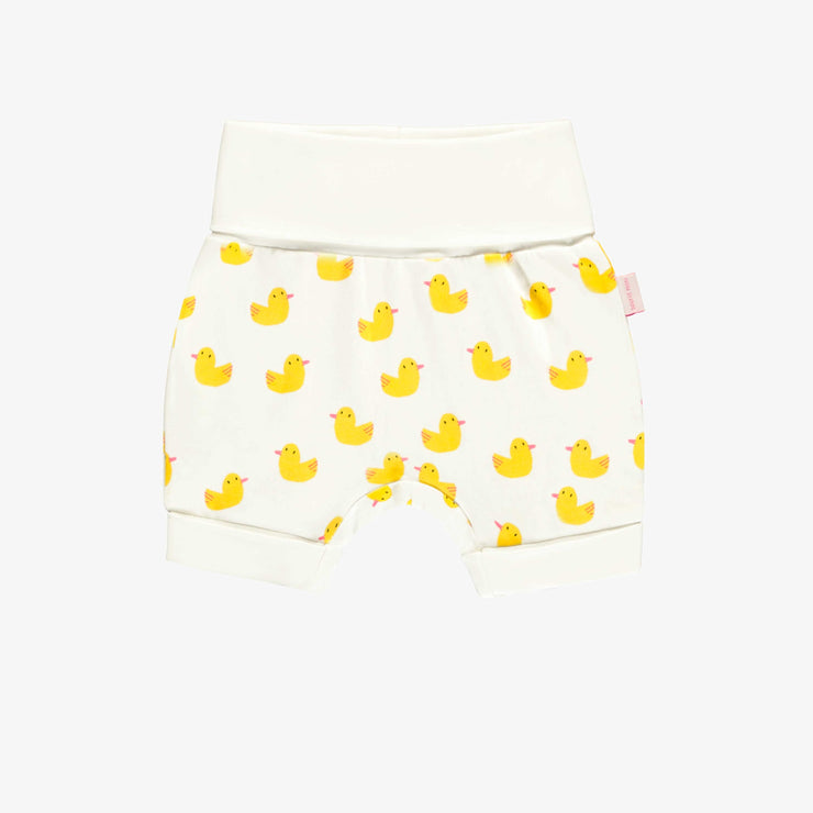 Short évolutif blanc avec un motif de canards jaunes en jersey doux, bébé || White evolutive shorts with yellow ducks in soft jersey, baby