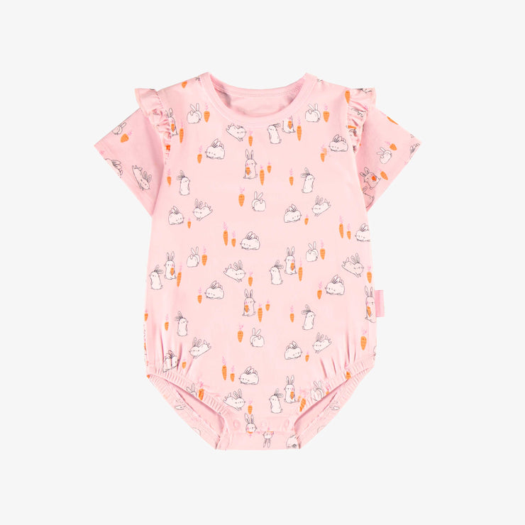 Cache-couche rose manches courtes et à motif de poules et de lapins, bébé || Pink bodysuit with ruffle and with bunnies and chickens print, baby