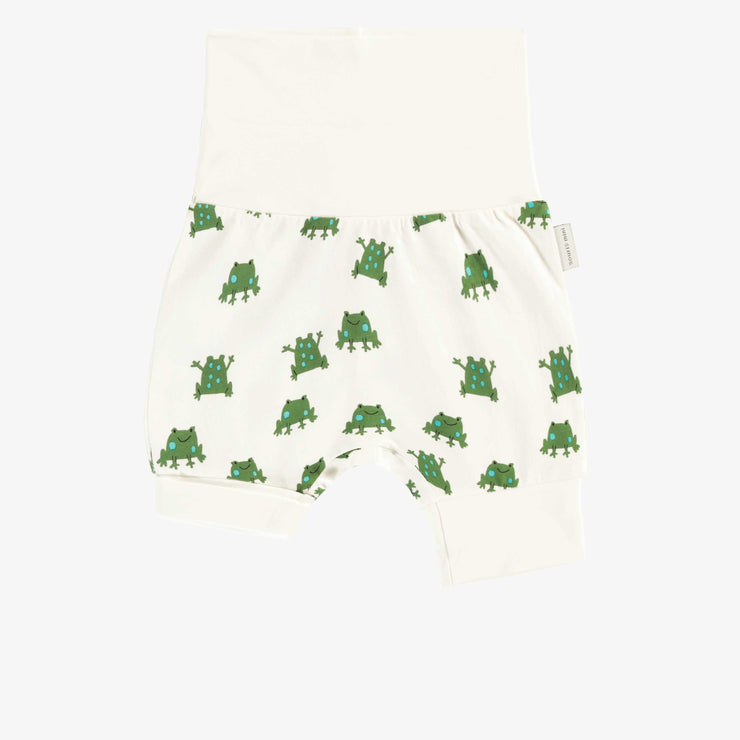 Short évolutif crème avec un motif de grenouilles vertes en jersey doux, bébé || Cream evolutive shorts with green frog all over print in soft jersey, baby