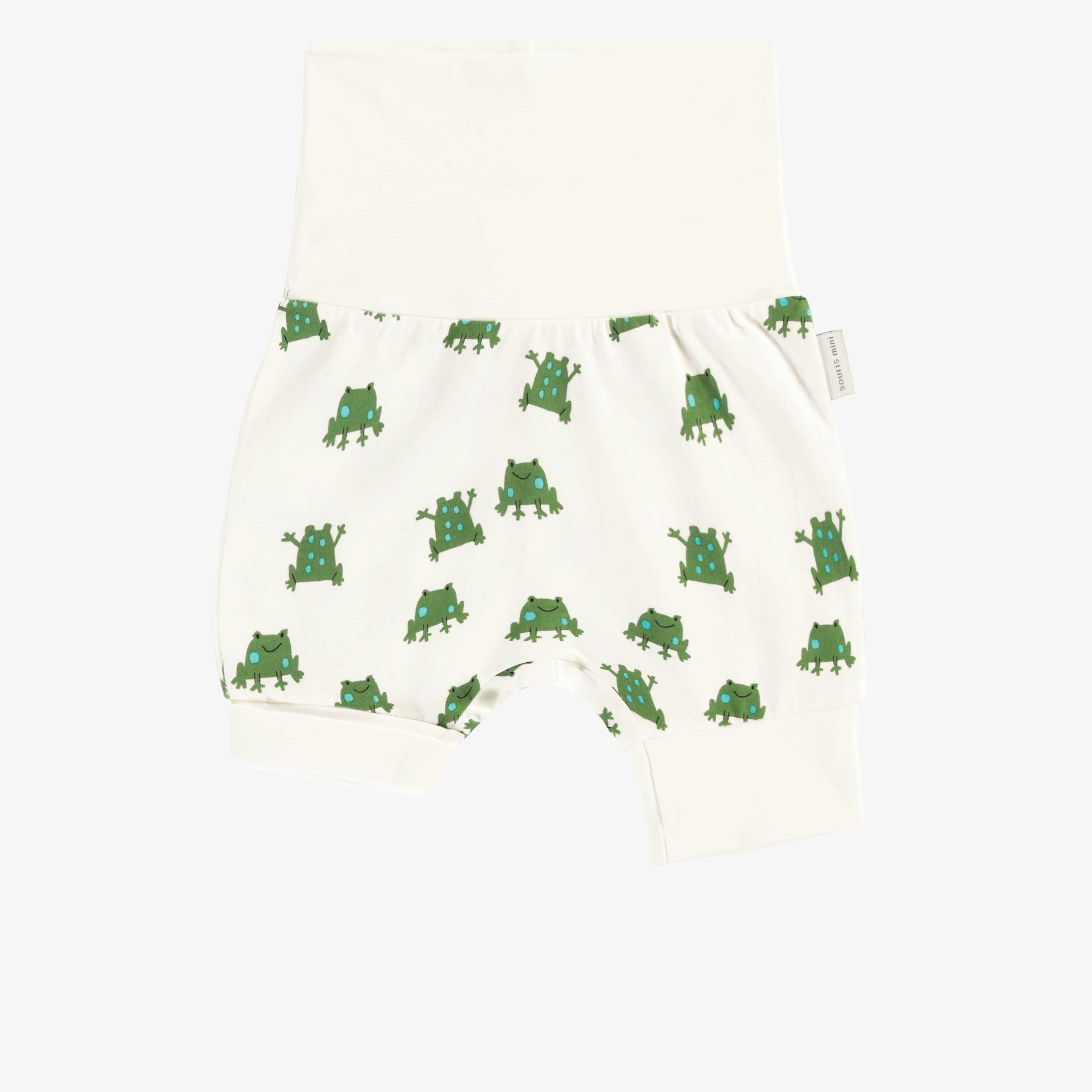 Dos du short évolutif crème avec un motif de grenouilles vertes en jersey doux, bébé