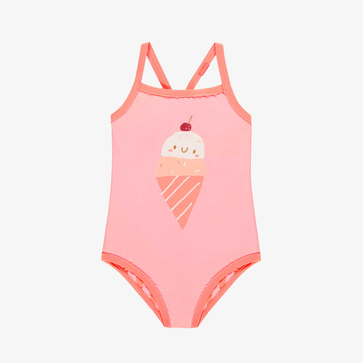 Maillot de bain une-pièce réversible rose et à rayures, enfant || Pink one piece swimsuit with ice cream cone print, child