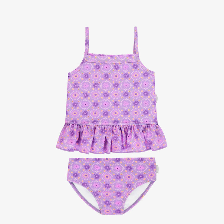 Maillot de bain deux-pièces mauve pâle à motif floral, enfant || Light purple floral two pieces swimsuit, child