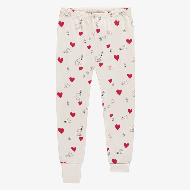 Pyjama deux pièces crème à motif de petits cœurs rouges, enfant || Cream two pieces pajama with little red hearts print, child