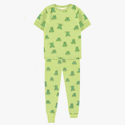 Pyjama deux pièces vert en jersey doux à motifs de grenouilles, enfant || Green soft jersey two piece pajamas with frog all-over print, child