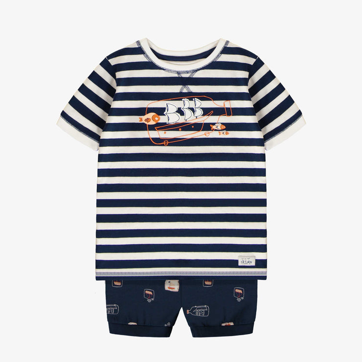 Pyjama deux pièces marine avec motif de bateaux dans une bouteille en doux coton, enfant.  || Two-piece navy pajamas with ship-in-a-bottle motif in soft cotton, child.
