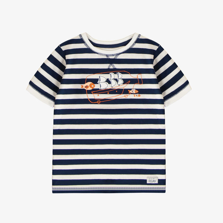 Pyjama deux pièces marine avec motif de bateaux dans une bouteille en doux coton, enfant.  || Two-piece navy pajamas with ship-in-a-bottle motif in soft cotton, child.