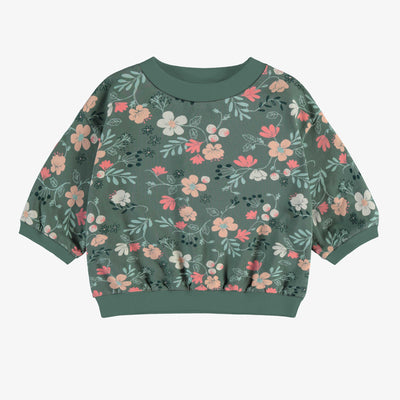 Chandail manches 3/4 vert et pêche fleuri en jersey doux, enfant || Green and peach flowery 3/4 sleeves sweater in soft jersey, child
