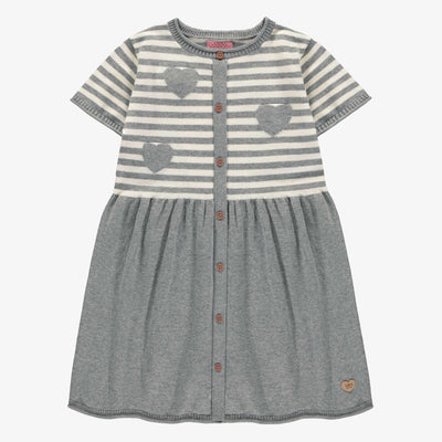 Robe de maille à manches courtes grise et blanche à motif jacquard, enfant || Knitted dress with short sleeves, grey and white with jacquard pattern, child
