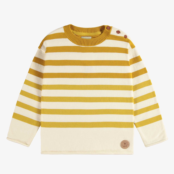 Chandail de maille à manches longues avec rayures crème, jaune et ocre, enfant || Cream, yellow and ochre striped long sleeves knit sweater, child