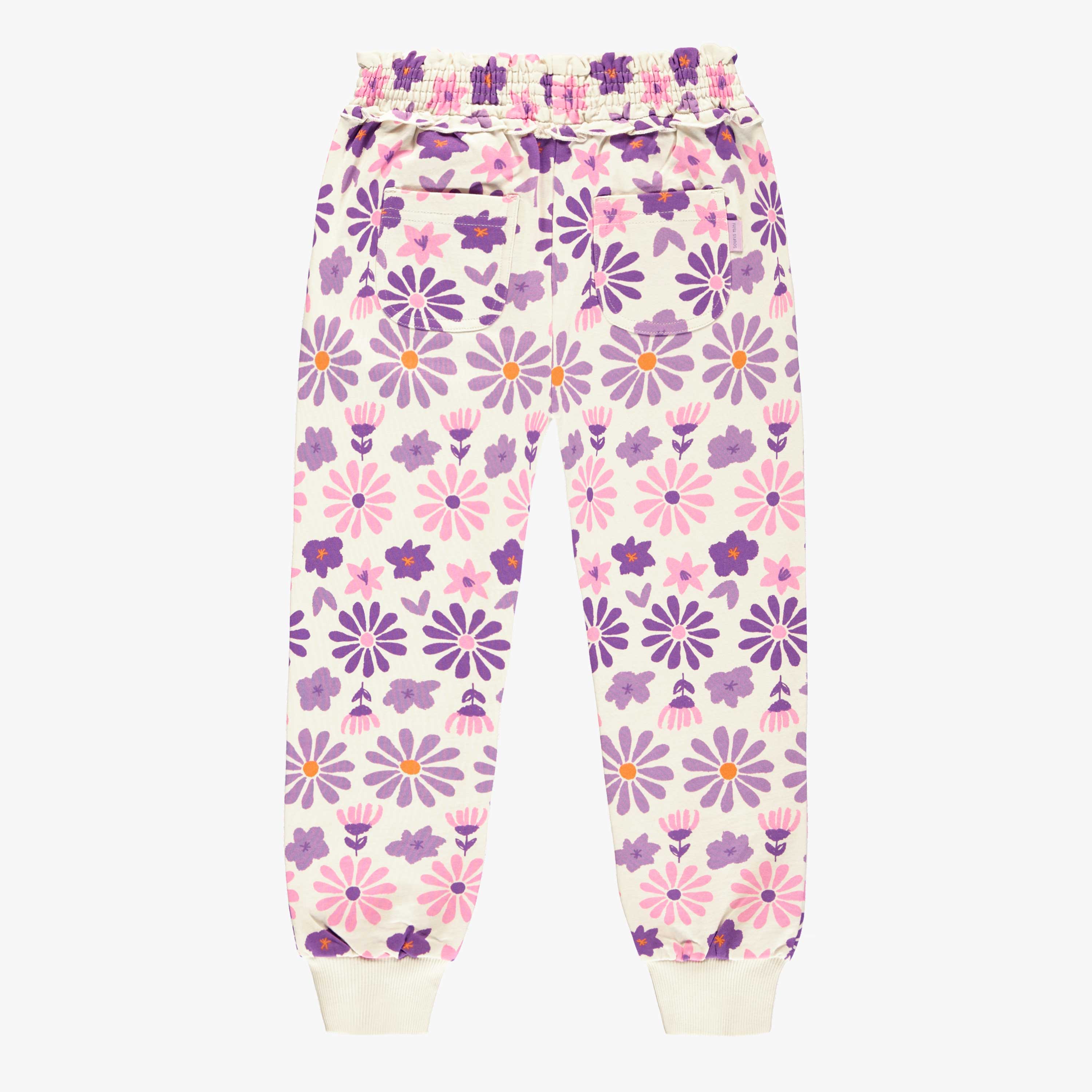 Dos du pantalon crème fleuri mauve en coton français, enfant