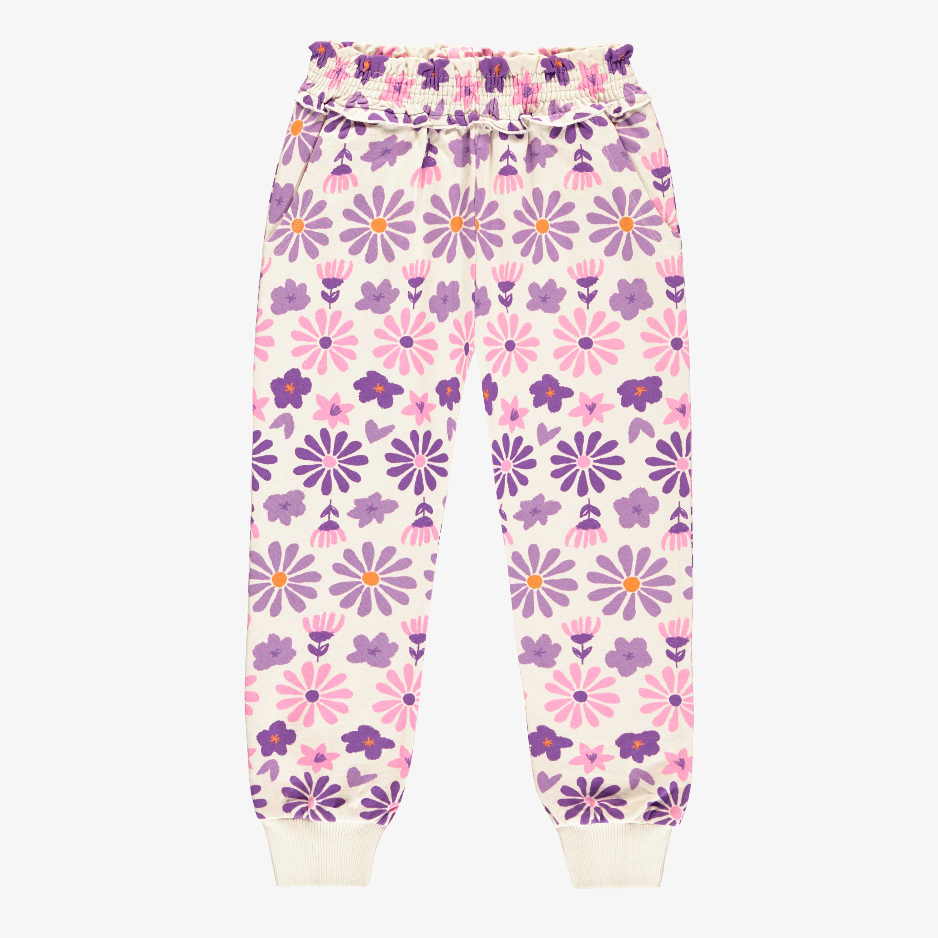 Pantalon crème fleuri mauve en coton français, enfant