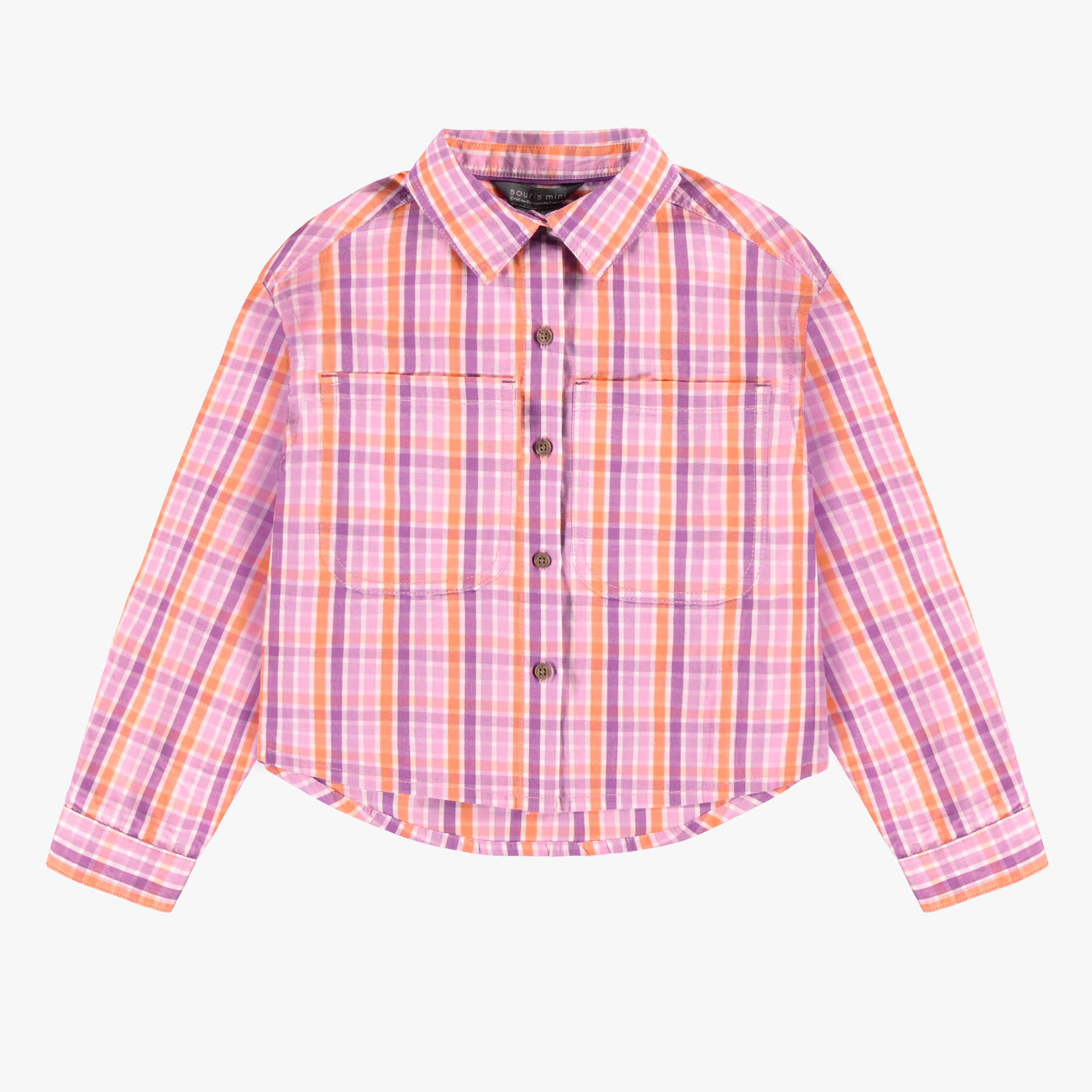 Chemise mauve et pêche à carreaux en popeline de coton, enfant