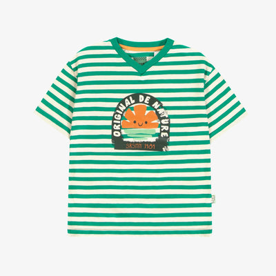 T-shirt à manches courtes vert et crème rayé avec illustration, enfant || Green and cream striped short sleeves T-shirt with print, child