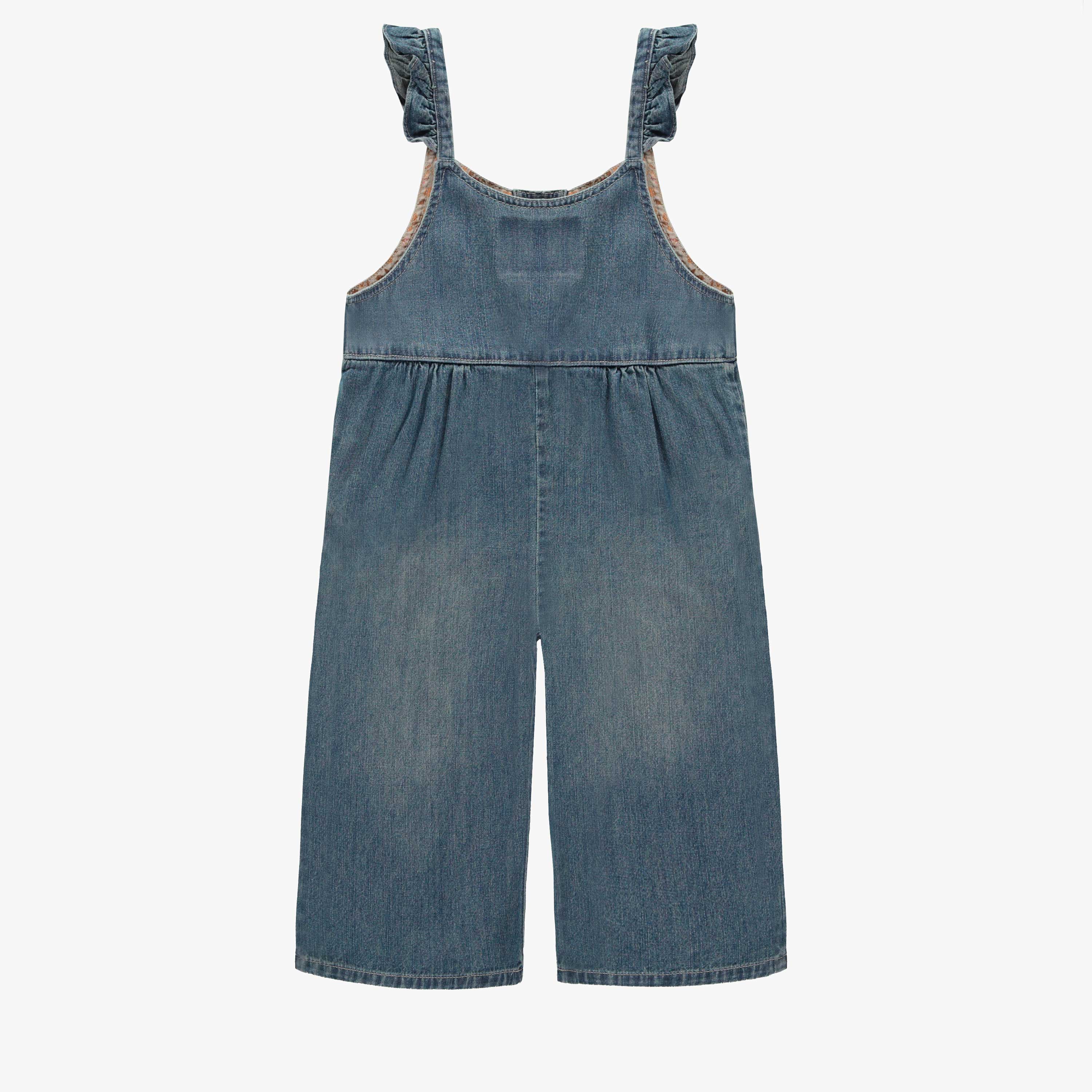 7/8 overall with ruffle at straps in medium light denim, child