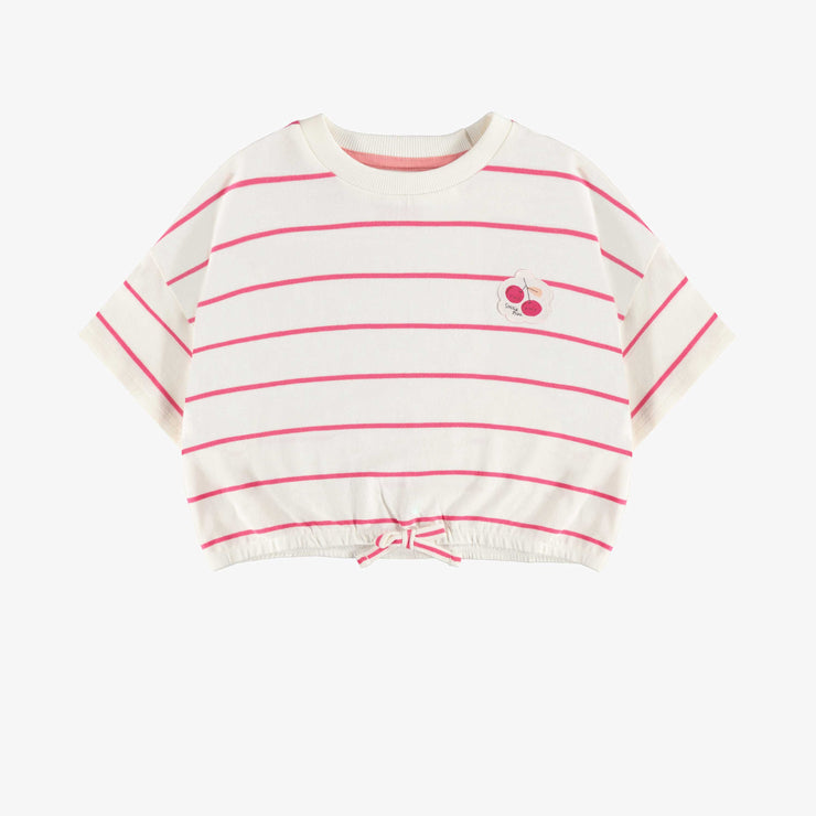 T-shirt à manches courtes de coupe ample blanc à rayures en coton, enfant || Pink striped t-shirt with short sleeves and loose fit in cotton, child