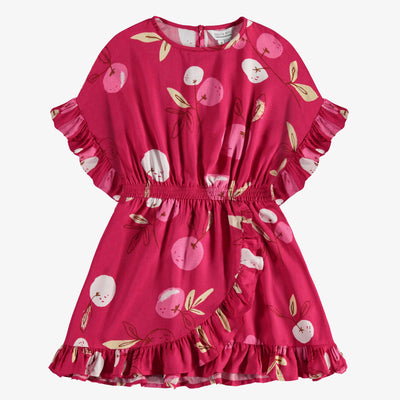 Robe coupe décontractée évasée manches courtes rose avec cerises, enfant || Pink short sleeves relaxed fit flared dress with cherries, child