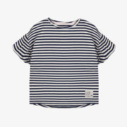 T-shirt à manches courtes de coupe décontractée blanc et marin rayé, enfant || White and navy striped short sleeves relaxed fit t-shirt, child