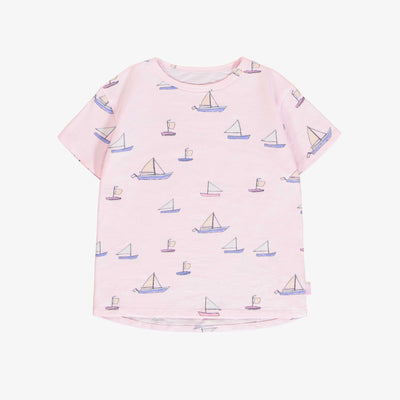 T-shirt à manches courtes rose pâle à motif de voiliers, enfant || Light pink short sleeves t-shirt with sailboat print, child