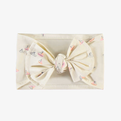 Bandeau crème à nouer avec motif de voiliers roses, enfant || Cream headband to knot with pink sailboat print, child