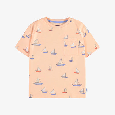 T-shirt à manches courtes pêche avec motif de voiliers, enfant || Peach short sleeves t-shirt with sailboard print, child